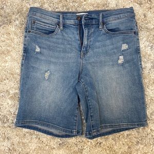 Denim shorts, high rise, long, size 6, slight distressing, light wash